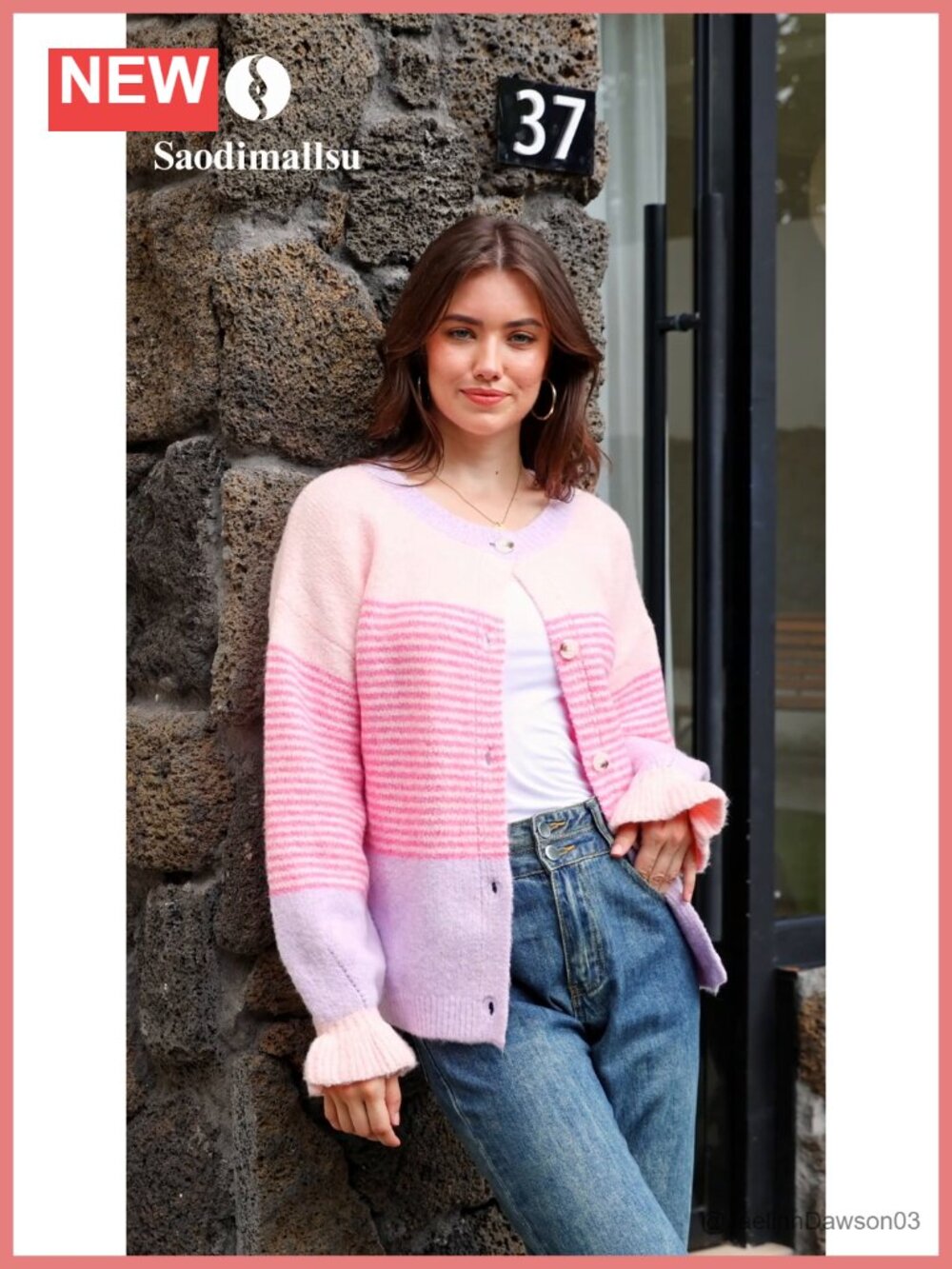 Striped Color Block Ruffle Sleeve Button Up Cardigan Sweater - Picture 6 of 6